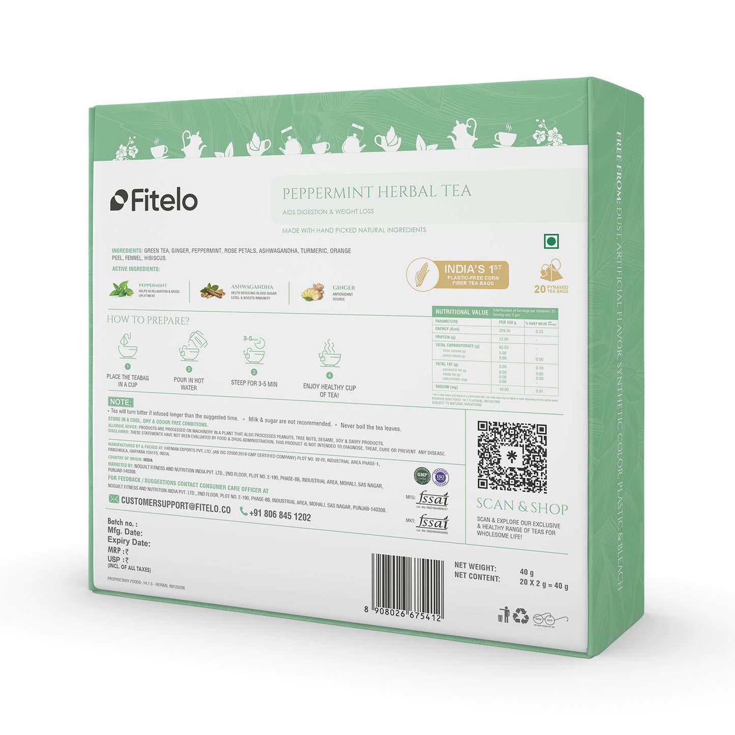 Peppermint Herbal Tea | Pack of 2 | Aids Digestion, Boost Focus | Rich in Anti Oxidants | 40 Teabags