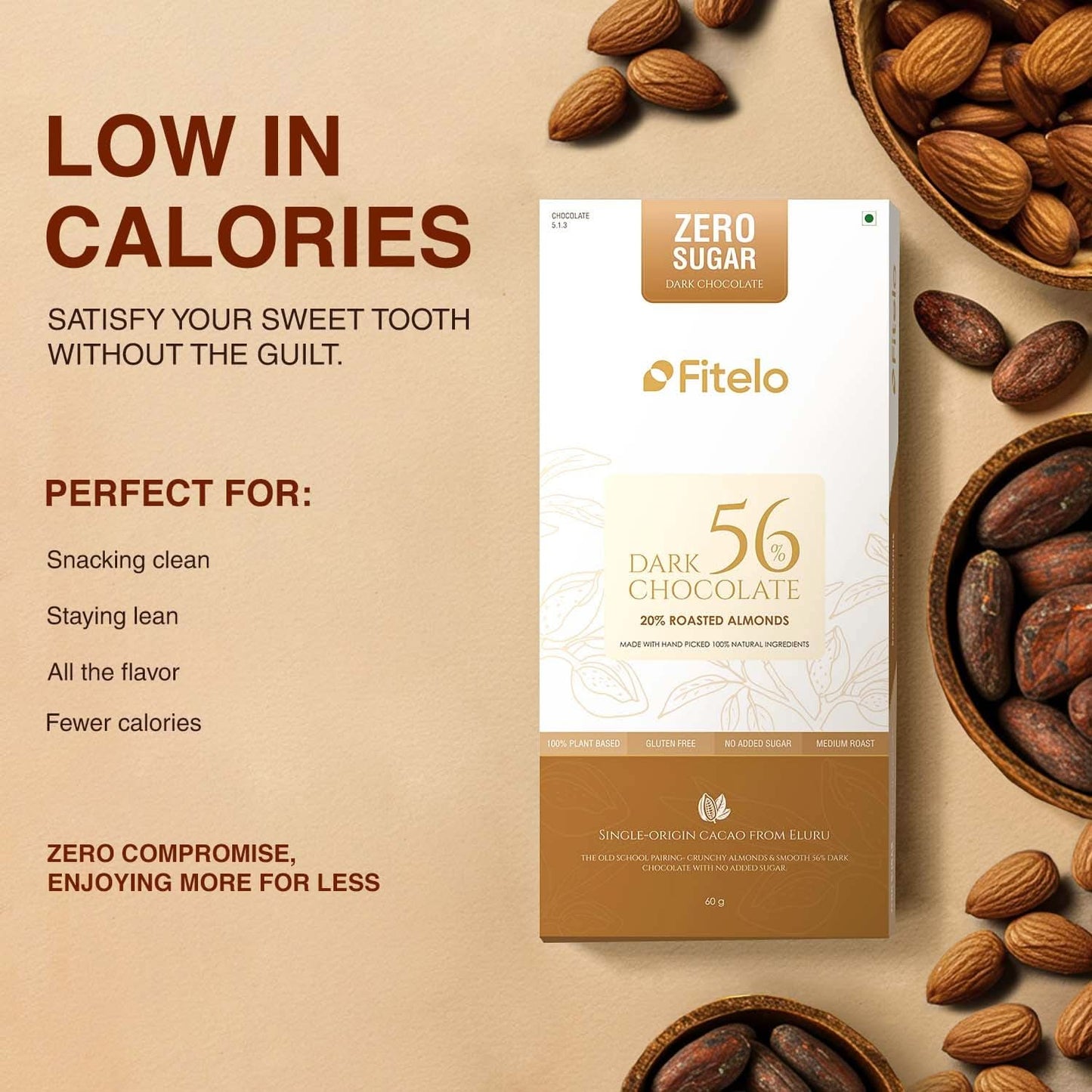 56% Dark Chocolate + 20% Roasted Almonds | No Sugar | Plant-Based & Gluten-Free | Pack of 4