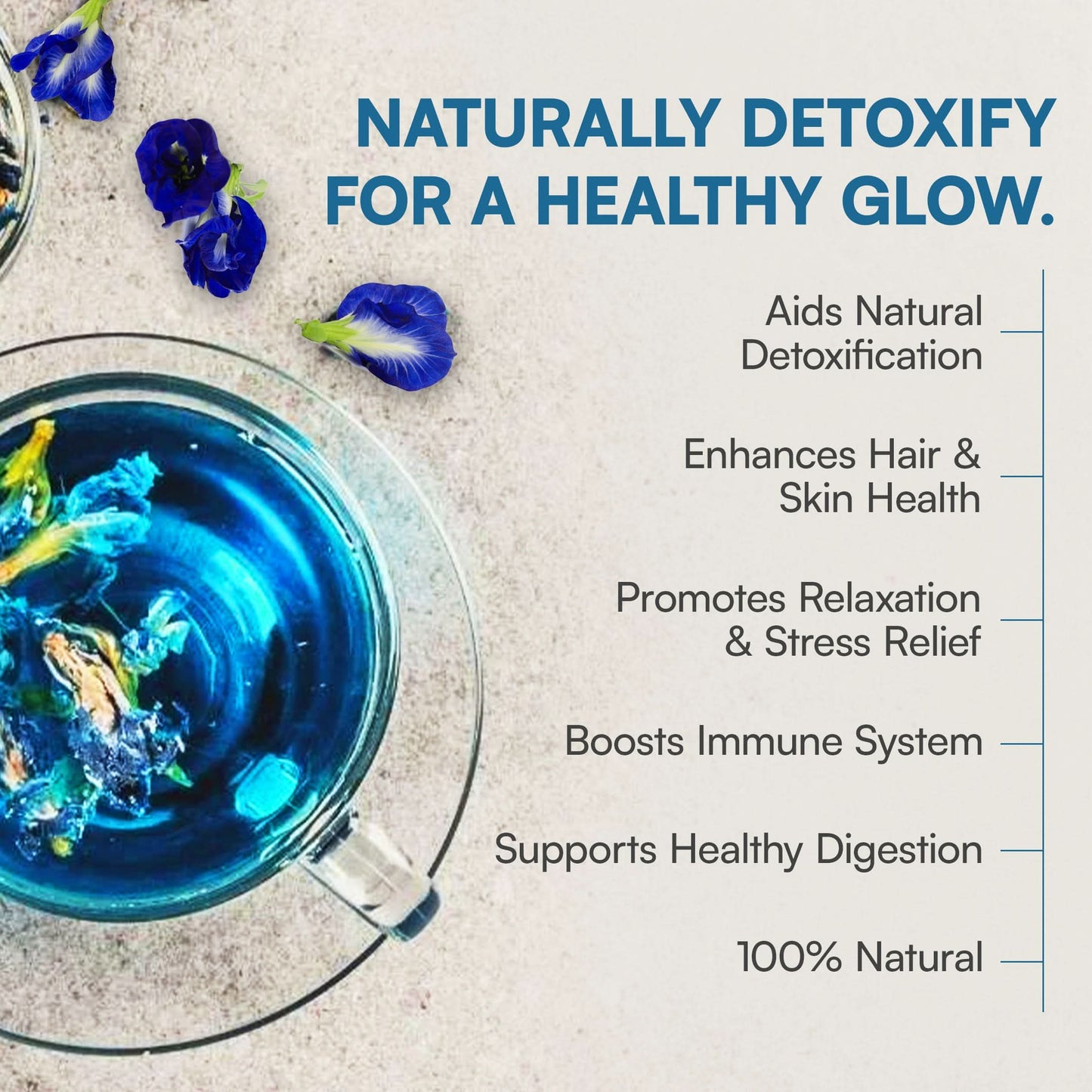 Cup of tea and highlighting benefits like detox, healthy skin/hair, and immune support.