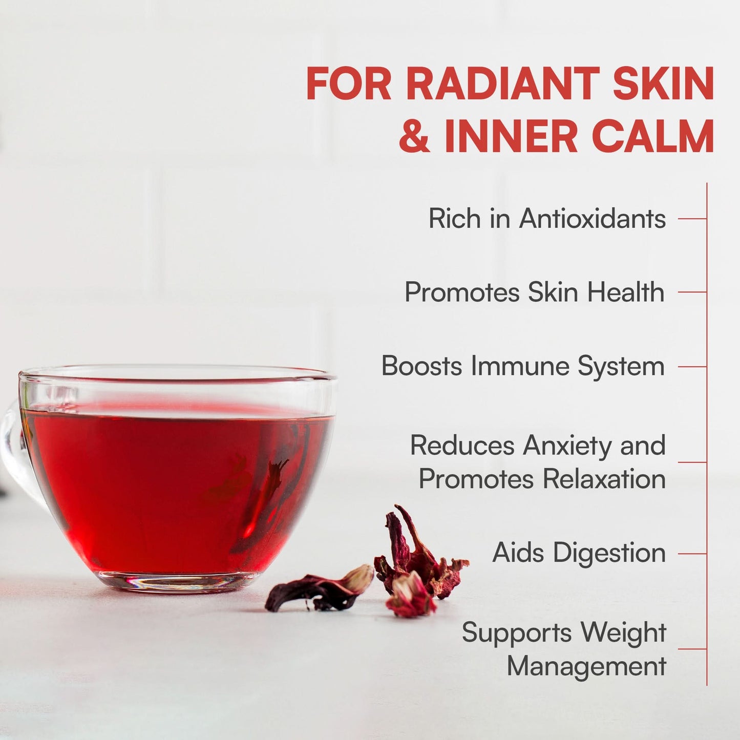 A cup of Hibiscus Rose Tea with visible hibiscus flowers and rose petals, highlighting benefits like glowing skin, immune support, and relaxation.