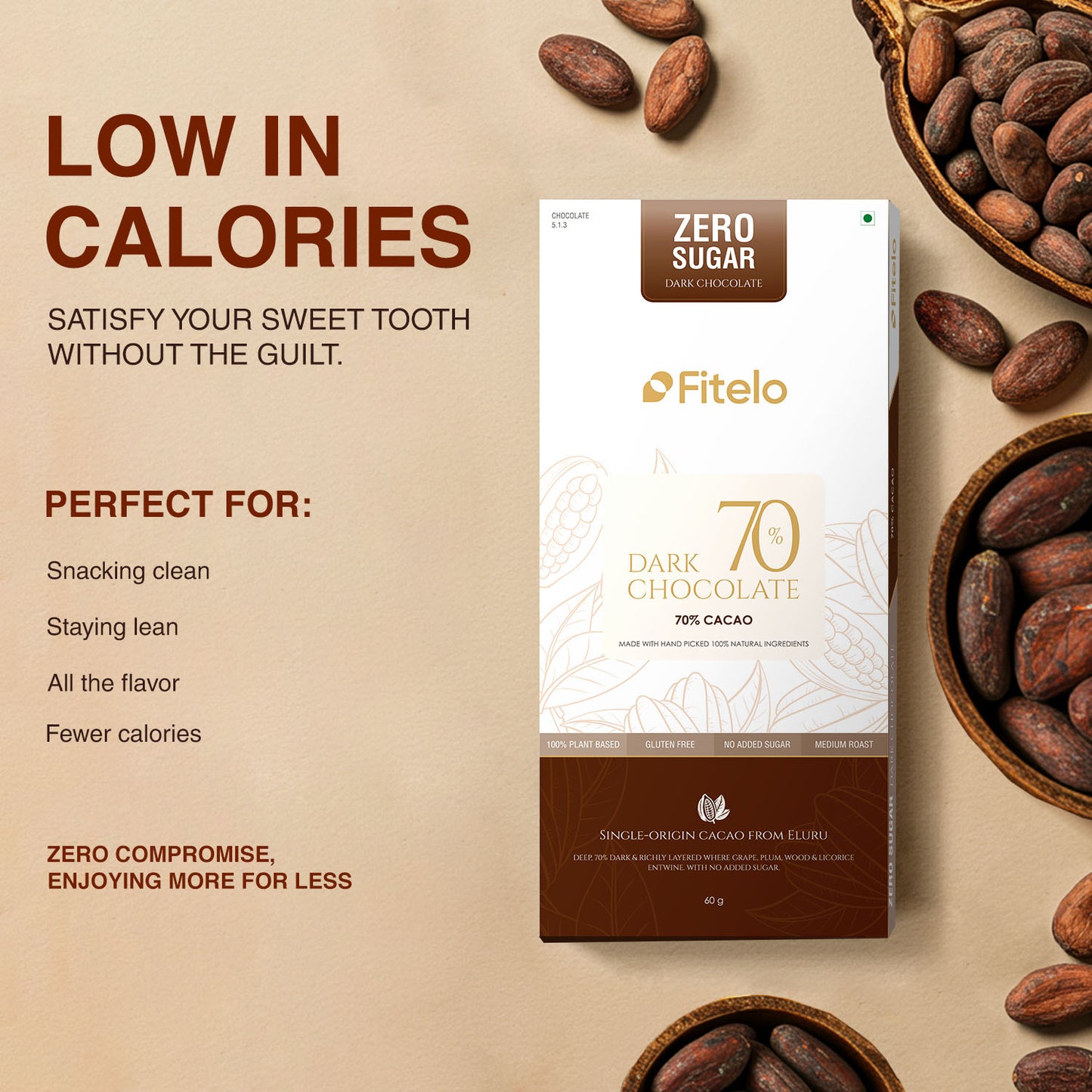 70% Dark Chocolate | No Added Sugar | Plant-based, Gluten-Free & Keto-Friendly | Pack of 4
