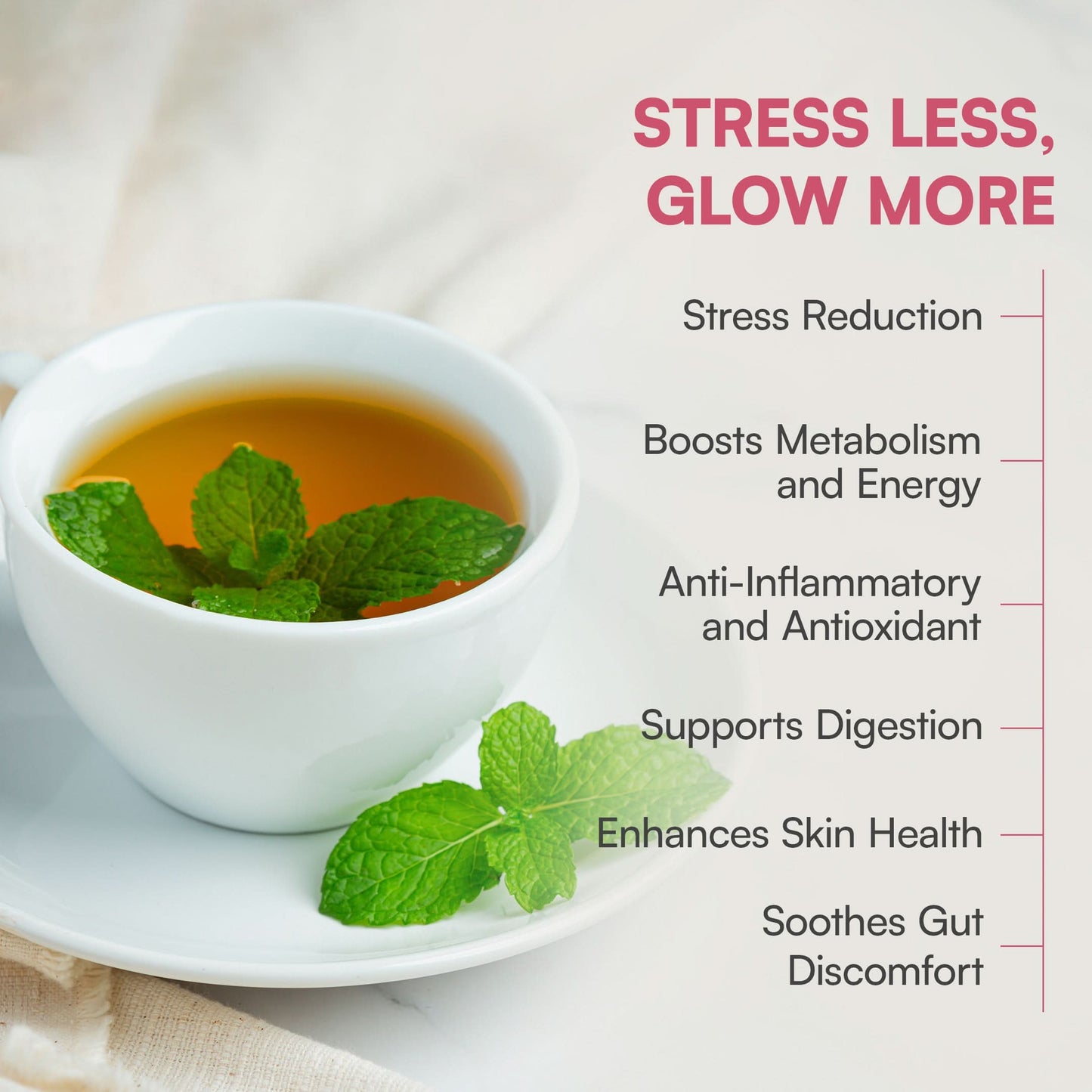 A cup of Peppermint Rose Green Tea with visible peppermint leaves, and green tea, highlighting benefits like metabolism boost and weight loss.