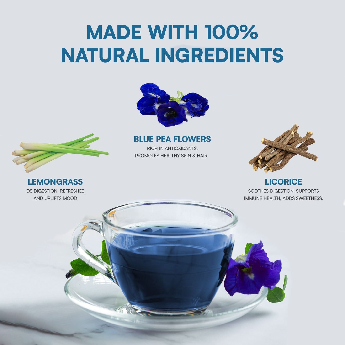 ingredients highlighting benefits like detox, healthy skin/hair, and immune support.