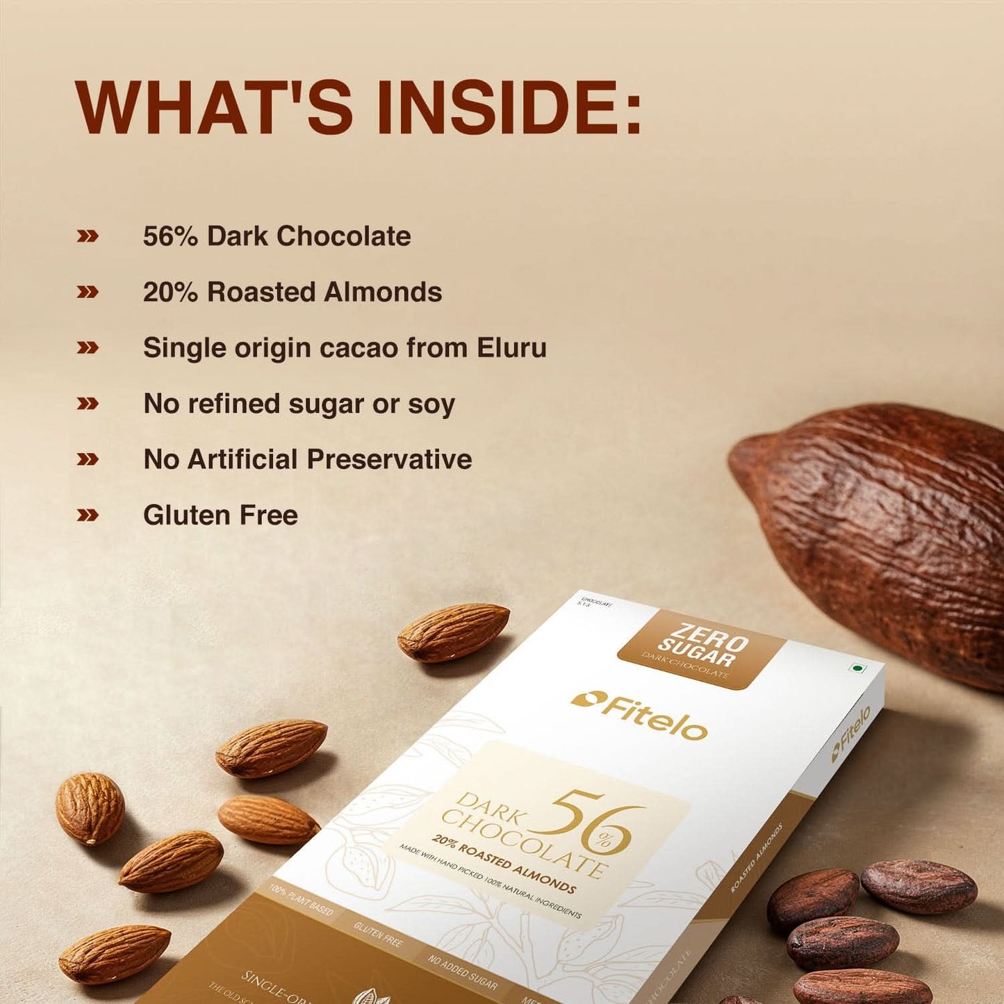 56% Dark Chocolate + 20% Roasted Almonds | No Sugar | Plant-Based & Gluten-Free | Pack of 4