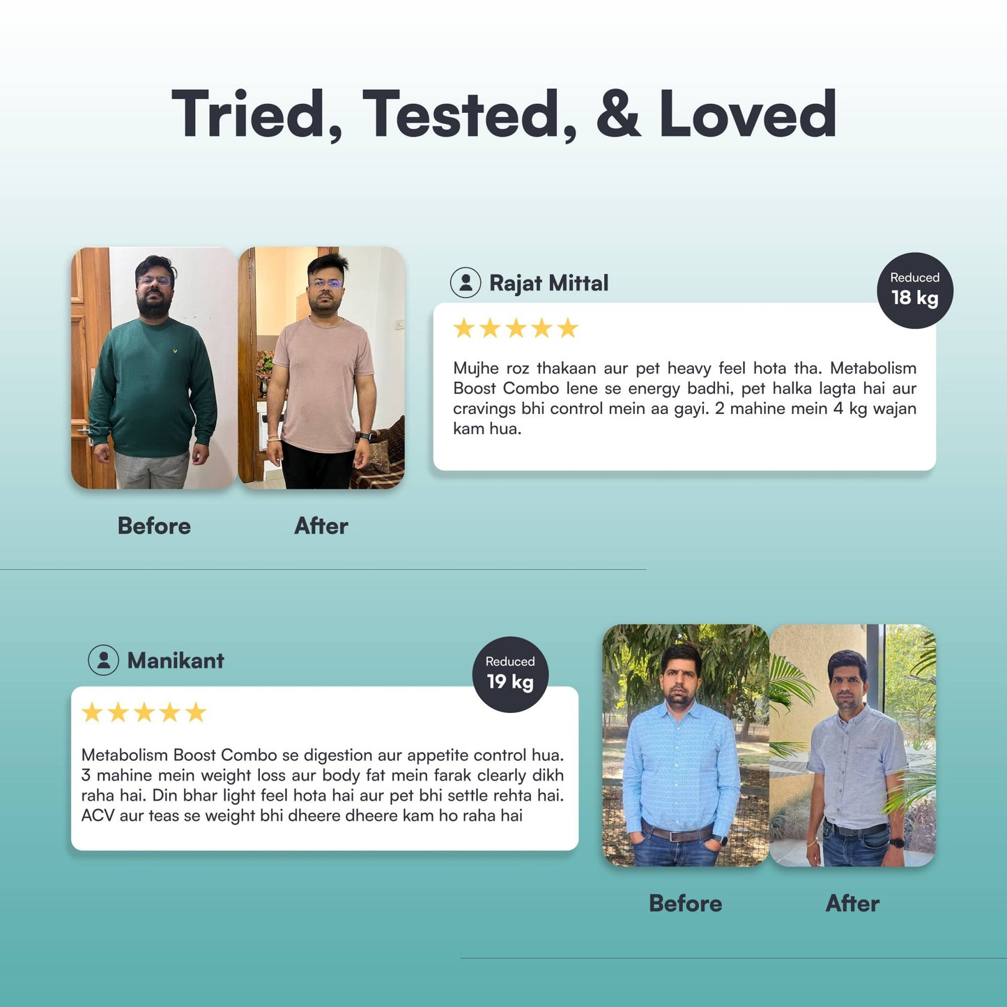 Before and after weight loss transformations with customer testimonials on a light blue background.