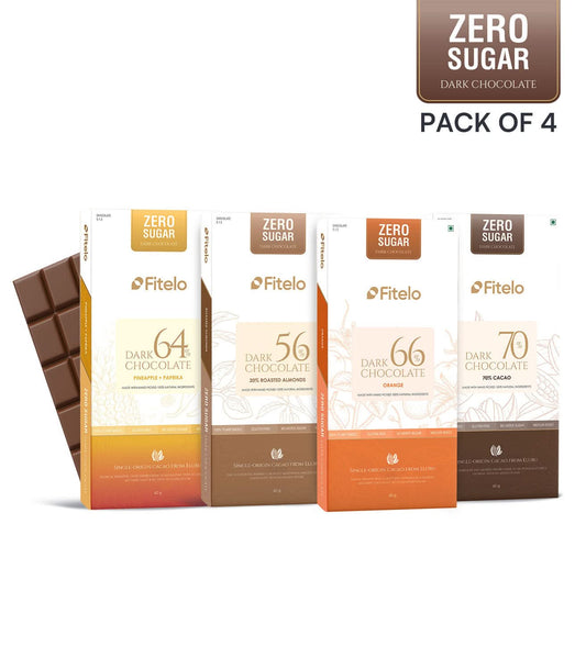 Fitelo Zero Sugar Dark Chocolate – Trial Pack of 4 Flavours | No Added Sugar | Plant-based | Gluten-Free