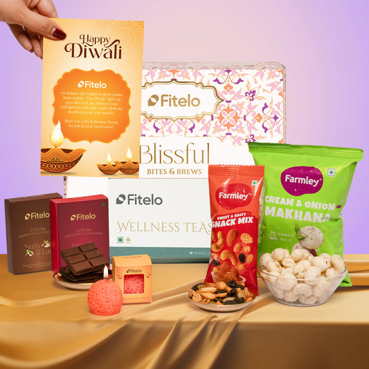 Fitelo Deluxe Diwali Gift Hamper | 12-in-1  Healthy Gift Box with Sugar Free Chocolates, Herbal Teas, Makhana, Snack Mix, Candle & Greeting Card
