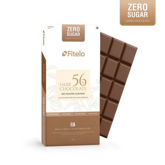 56% Dark Chocolate + 20% Roasted Almonds | No Sugar | Plant-Based & Gluten-Free | Pack of 4