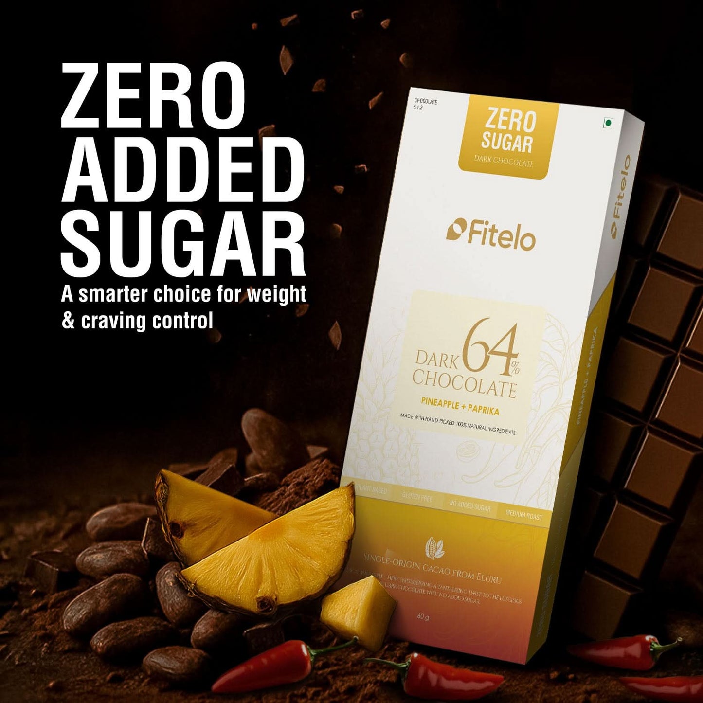 64% Dark Chocolate with Pineapple & Paprika | No Added Sugar | Plant-based & Gluten-Free | Pack of 4
