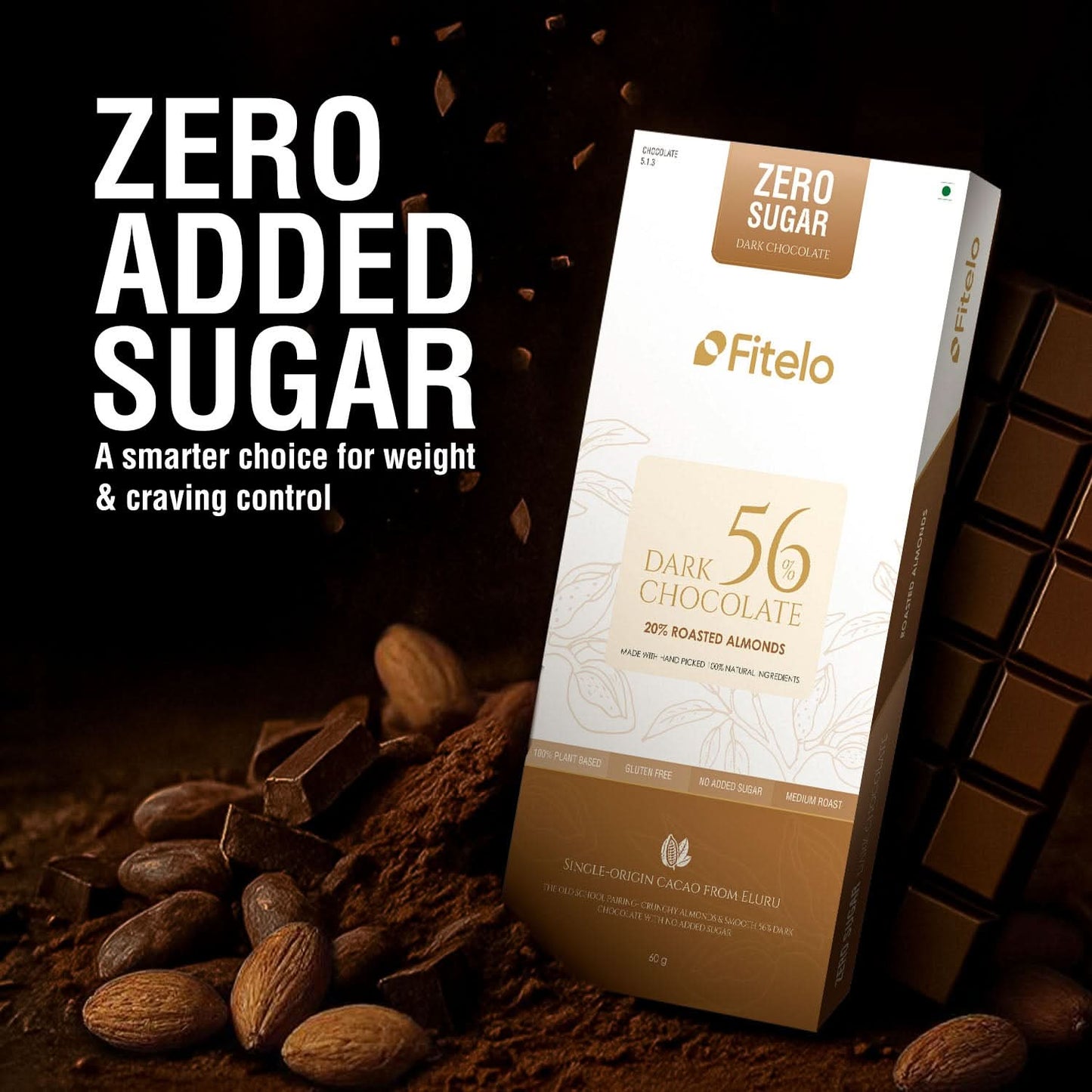 56% Dark Chocolate + 20% Roasted Almonds | No Sugar | Plant-Based & Gluten-Free | Pack of 4