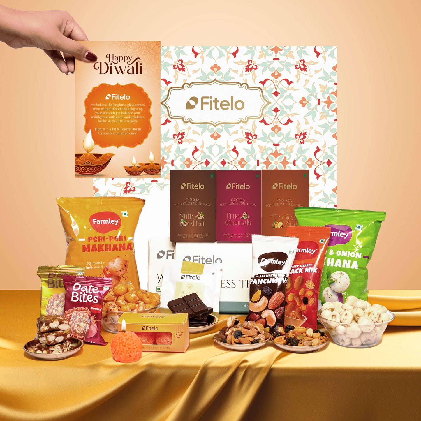 Fitelo Premium Diwali Gift Hamper | 23-in-1 Healthy Gift Box with Sugar Free Chocolates, Herbal Teas, Dry Fruits, Makhana, Candles & Greeting Card