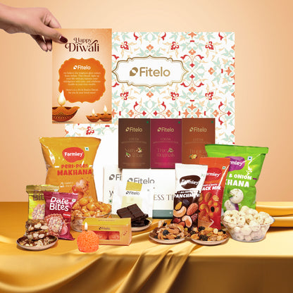 Fitelo Premium Diwali Gift Hamper | 23-in-1 Healthy Gift Box with Sugar Free Chocolates, Herbal Teas, Dry Fruits, Makhana, Candles & Greeting Card