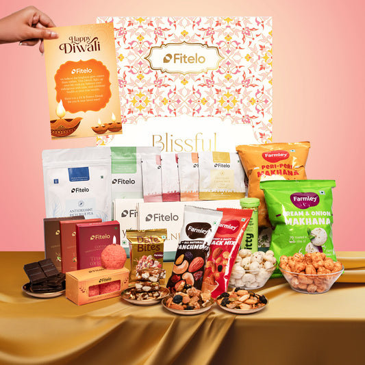 Fitelo Luxury Diwali Gift Hamper | 25-in-1 Healthy Gift Pack with Sugar Free Chocolates, Herbal Teas, ACV Effervescent, Dry Fruits, Makhana, Candles & Greeting Card