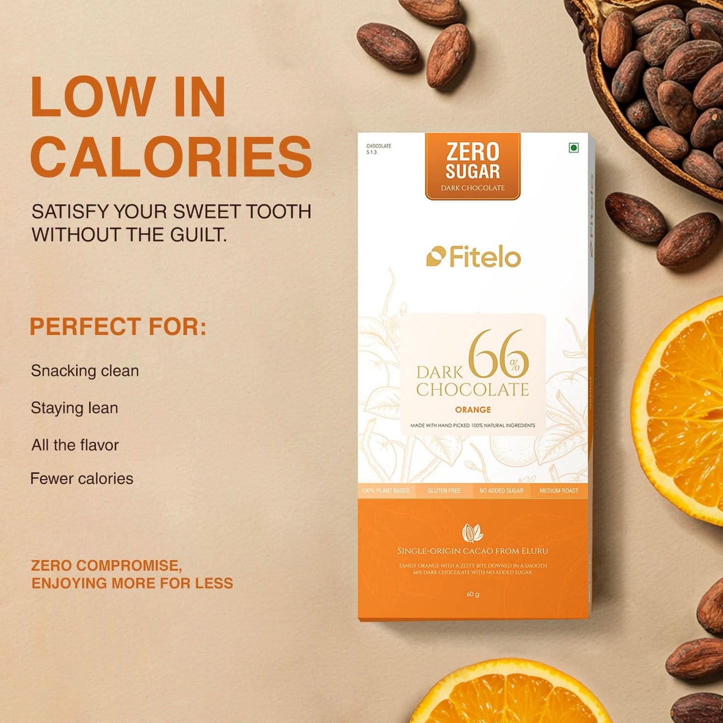 66% Dark Chocolate with Real Orange Bits | No Added Sugar | Plant-based & Gluten-Free | Pack of 4