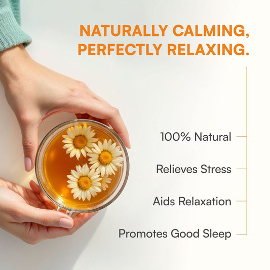 A cup of Chamomile Tea with visible chamomile flowers, highlighting benefits like sleep, stress relief, and weight loss.