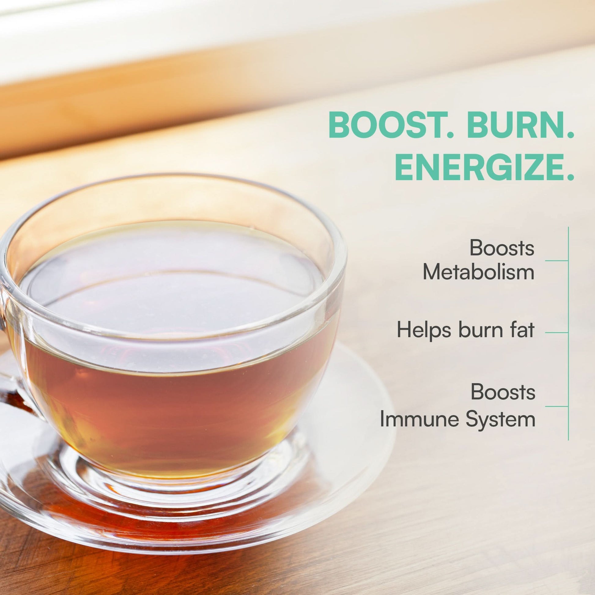 highlighting natural ingredients and benefits like metabolism boost, fat burning, and immune support