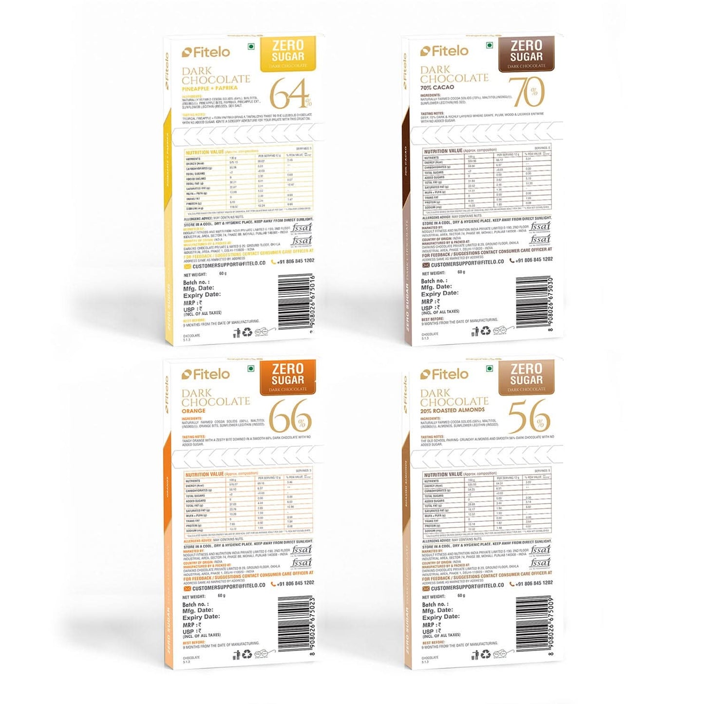 Fitelo Zero Sugar Dark Chocolate – Trial Pack of 4 Flavours | No Added Sugar | Plant-based | Gluten-Free