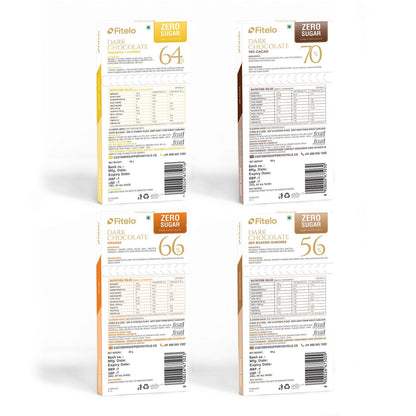 Fitelo Zero Sugar Dark Chocolate – Trial Pack of 4 Flavours | No Added Sugar | Plant-based | Gluten-Free