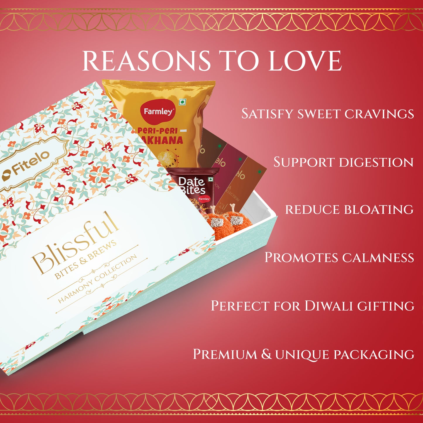Fitelo Premium Diwali Gift Hamper | 23-in-1 Healthy Gift Box with Sugar Free Chocolates, Herbal Teas, Dry Fruits, Makhana, Candles & Greeting Card