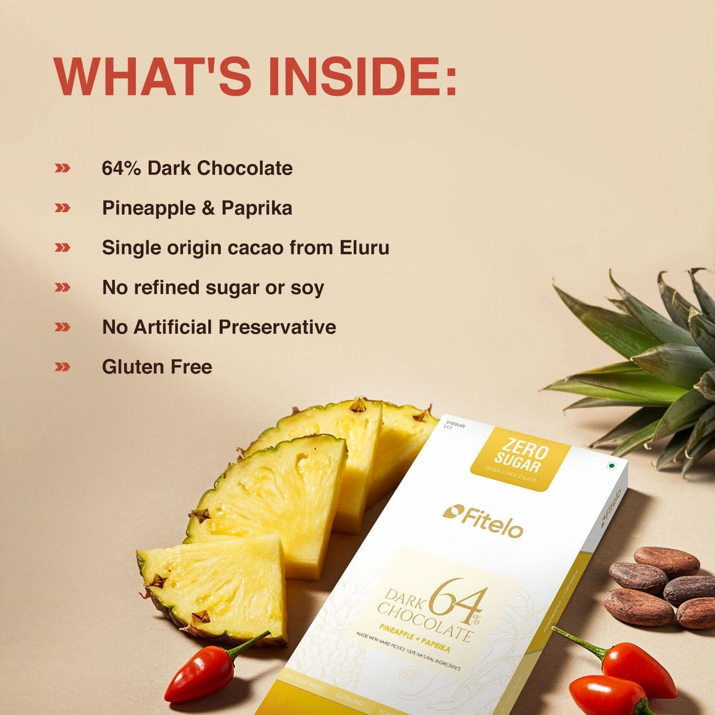 64% Dark Chocolate with Pineapple & Paprika | No Added Sugar | Plant-based & Gluten-Free | Pack of 4