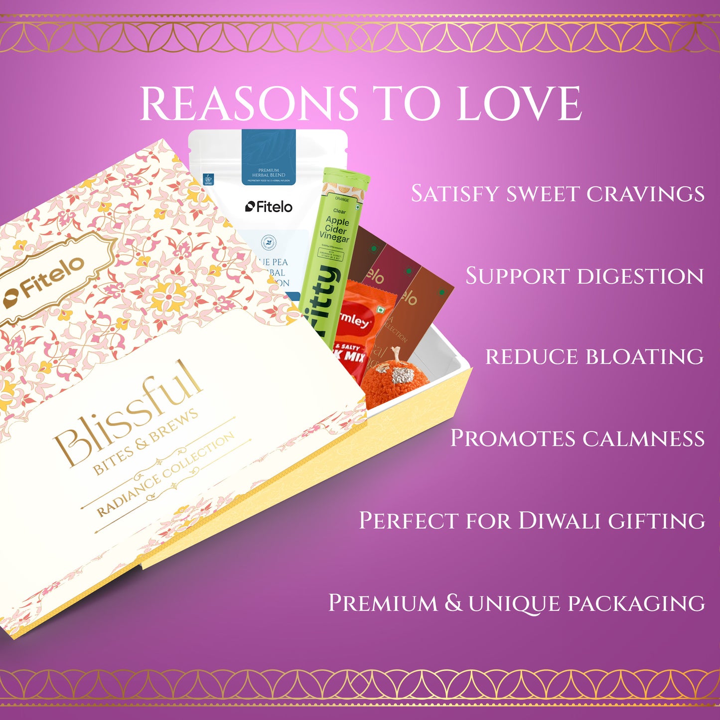 Fitelo Luxury Diwali Gift Hamper | 25-in-1 Healthy Gift Pack with Sugar Free Chocolates, Herbal Teas, ACV Effervescent, Dry Fruits, Makhana, Candles & Greeting Card