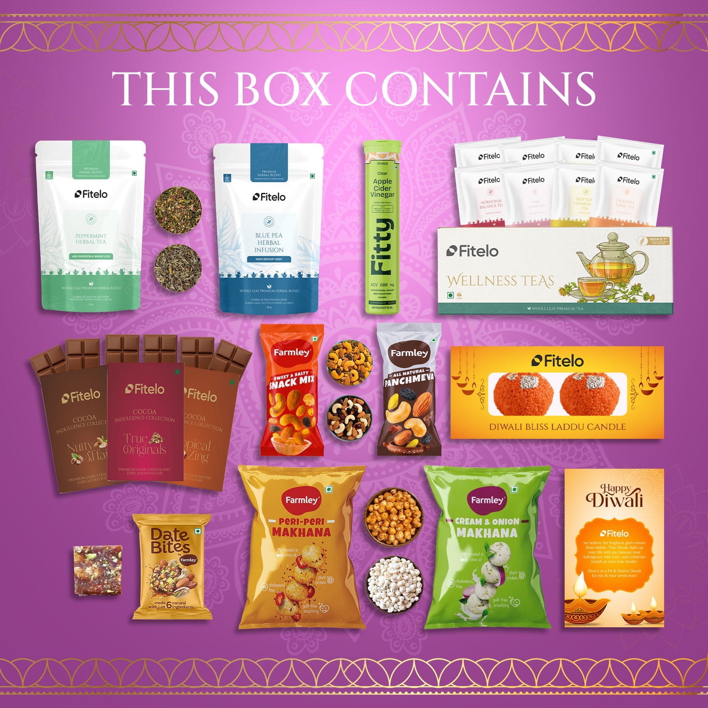 Fitelo Luxury Diwali Gift Hamper | 25-in-1 Healthy Gift Pack with Sugar Free Chocolates, Herbal Teas, ACV Effervescent, Dry Fruits, Makhana, Candles & Greeting Card
