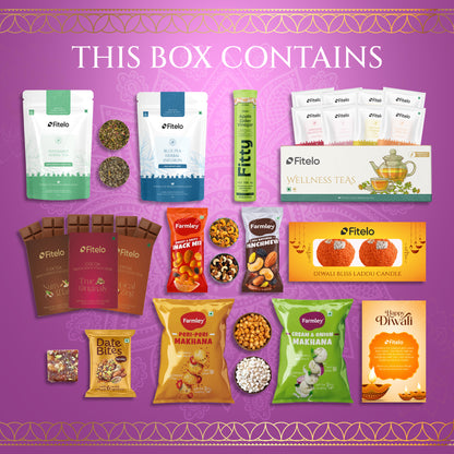 Fitelo Luxury Diwali Gift Hamper | 25-in-1 Healthy Gift Pack with Sugar Free Chocolates, Herbal Teas, ACV Effervescent, Dry Fruits, Makhana, Candles & Greeting Card