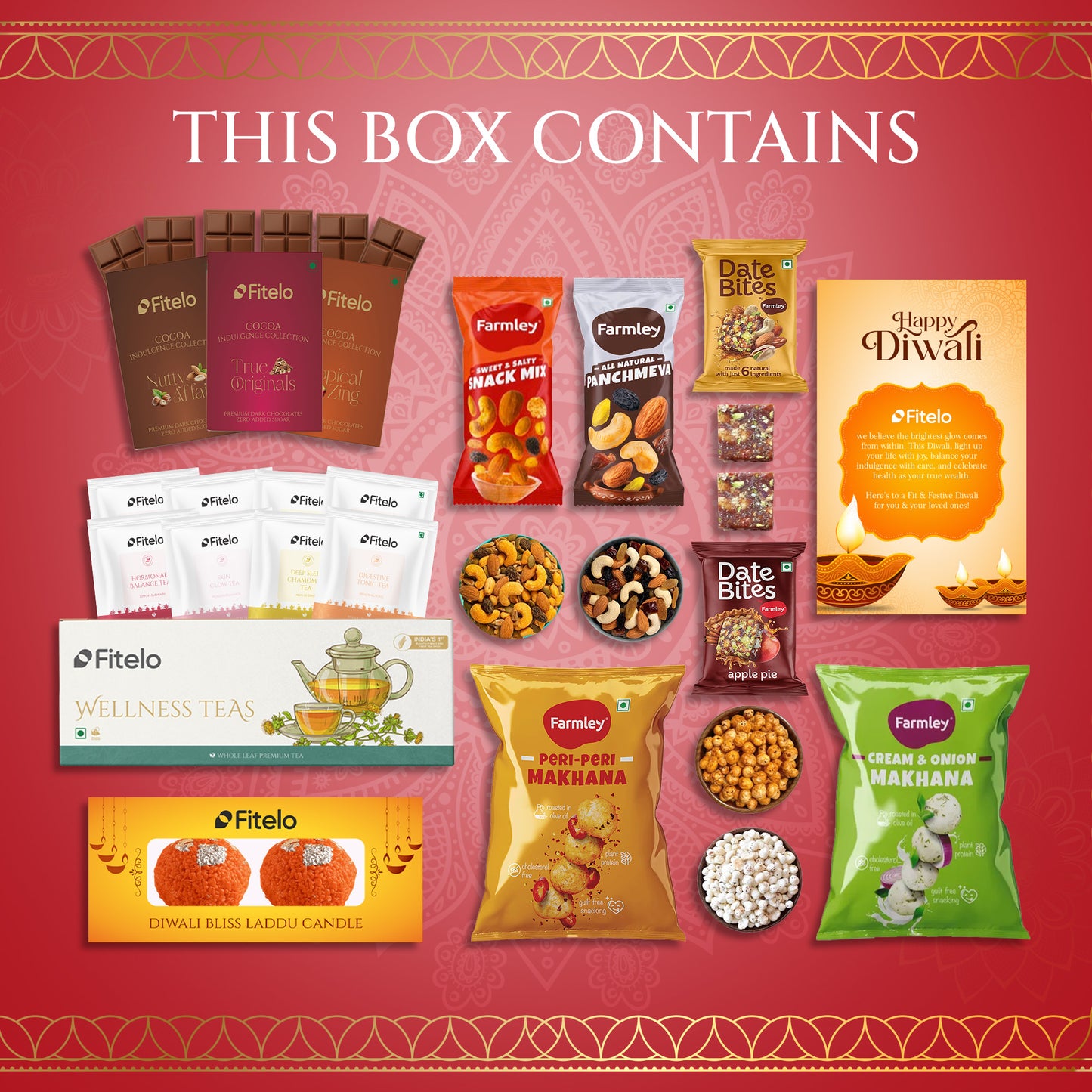 Fitelo Premium Diwali Gift Hamper | 23-in-1 Healthy Gift Box with Sugar Free Chocolates, Herbal Teas, Dry Fruits, Makhana, Candles & Greeting Card