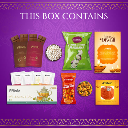 Fitelo Deluxe Diwali Gift Hamper | 12-in-1  Healthy Gift Box with Sugar Free Chocolates, Herbal Teas, Makhana, Snack Mix, Candle & Greeting Card