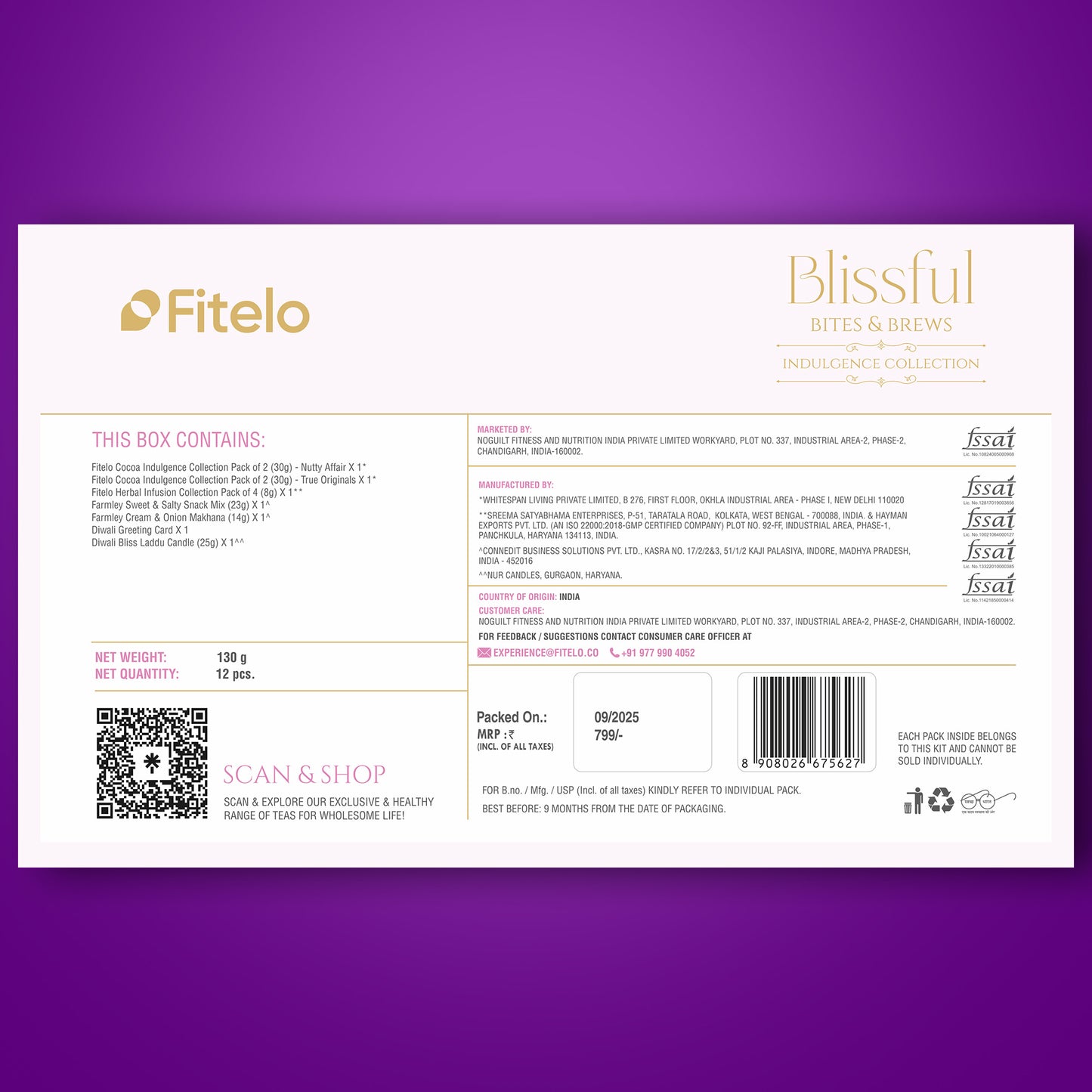 Fitelo Deluxe Diwali Gift Hamper | 12-in-1  Healthy Gift Box with Sugar Free Chocolates, Herbal Teas, Makhana, Snack Mix, Candle & Greeting Card