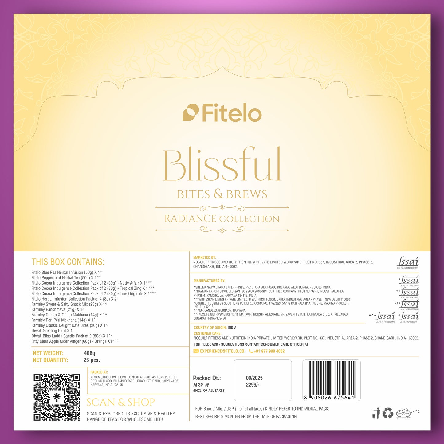 Fitelo Luxury Diwali Gift Hamper | 25-in-1 Healthy Gift Pack with Sugar Free Chocolates, Herbal Teas, ACV Effervescent, Dry Fruits, Makhana, Candles & Greeting Card
