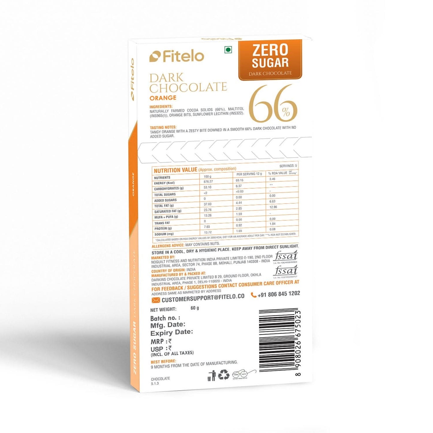 66% Dark Chocolate with Real Orange Bits | No Added Sugar | Plant-based & Gluten-Free | Pack of 4