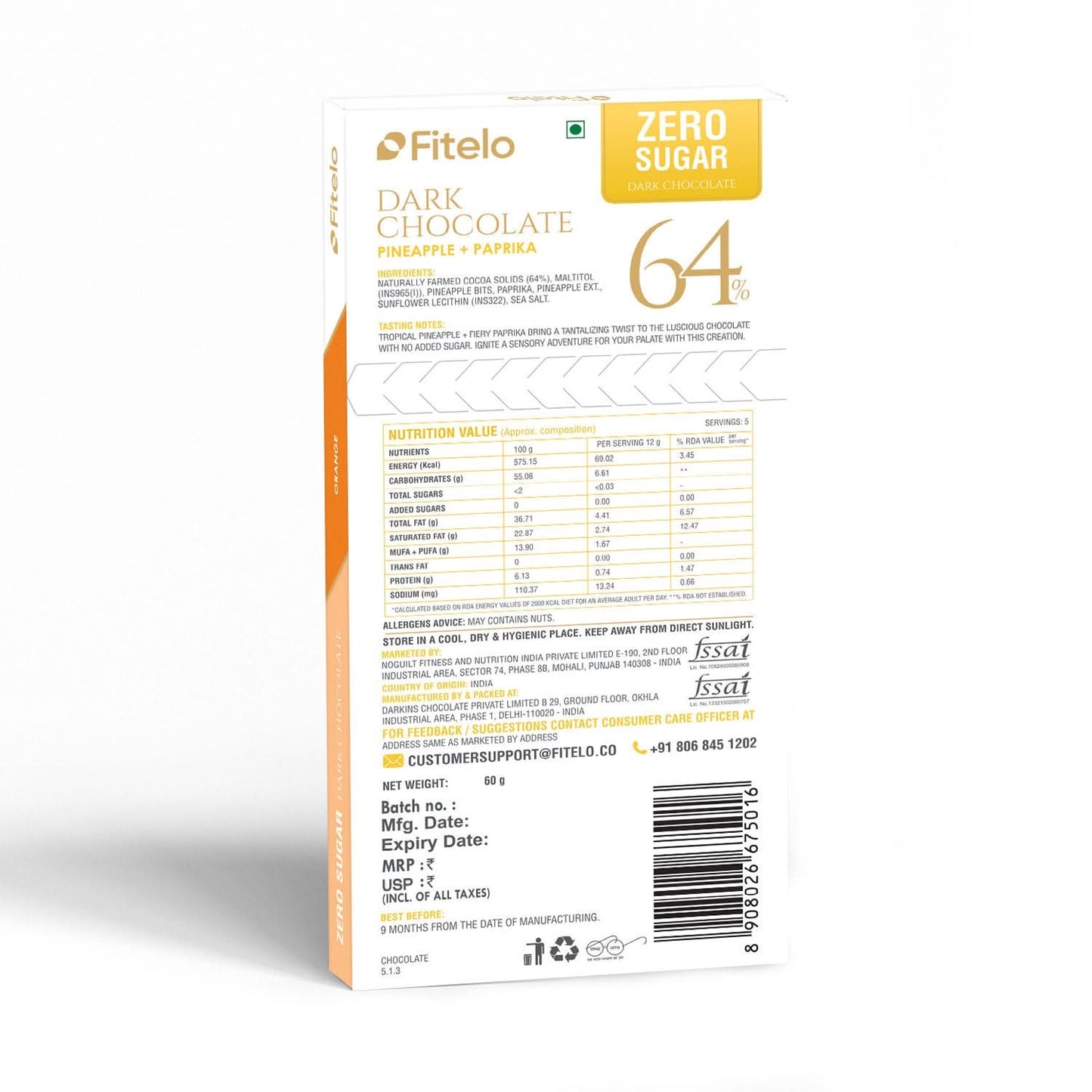 64% Dark Chocolate with Pineapple & Paprika | No Added Sugar | Plant-based & Gluten-Free | Pack of 4