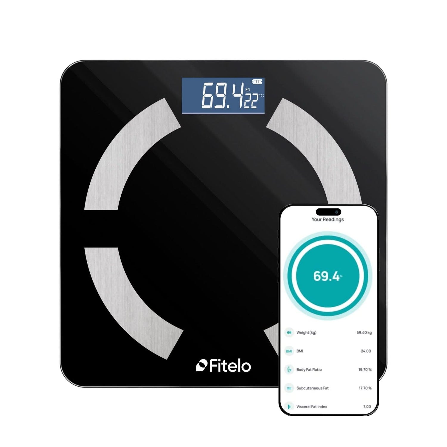 Fitelo Smart Weighing Scale with body composition metrics on phone screen