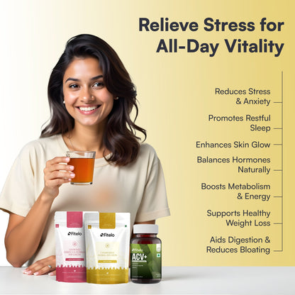 Fitelo Stress Relief & Skin Glow Combo | Calm Mind, Better Digestion & Natural Glow | 1 Month