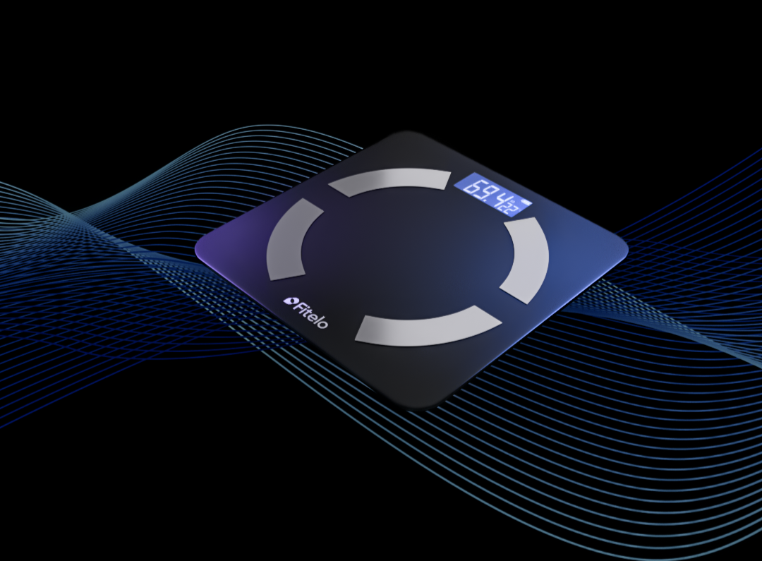 Digital bathroom scale with blue display on a black background