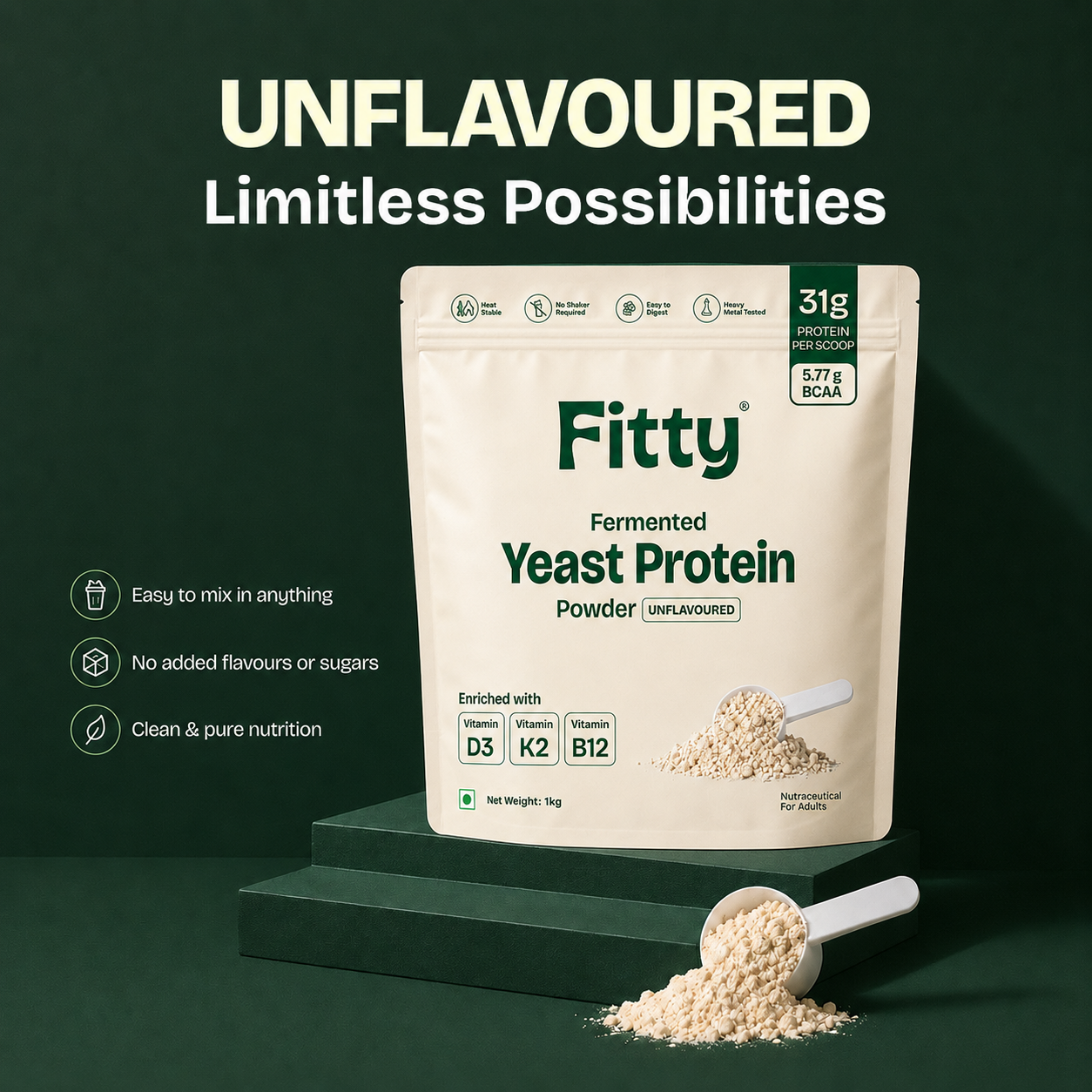 Unflavoured | Fitty Fermented Yeast Protein for Weight Loss | 31g Protein | (1 kg)